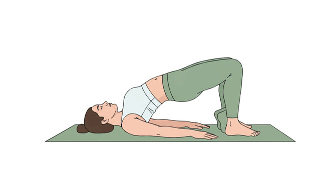 A woman in a bridge pose on a sage green yoga mat, performing gentle pelvic floor exercises for postpartum rehabilitation, clean lines and serene atmosphere. minimalist flat vector artwork,