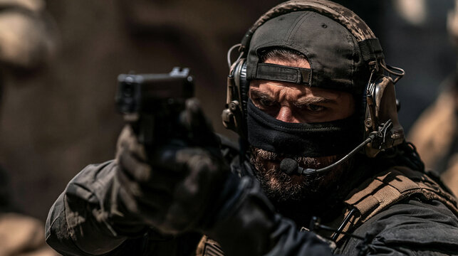 Soldier Aiming Weapon: A focused soldier, face partially concealed by a mask and cap, aims a pistol with intensity. He wears tactical gear and headphones, highlighting a moment of high-stakes action.