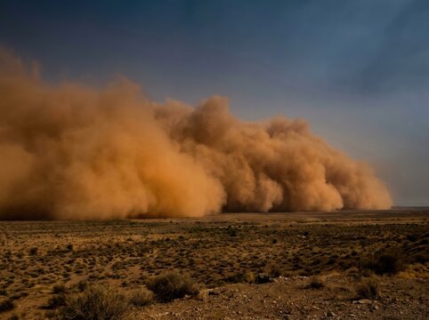 Terrifying haboob sandstorm wall swallowing the blue sky over a desert