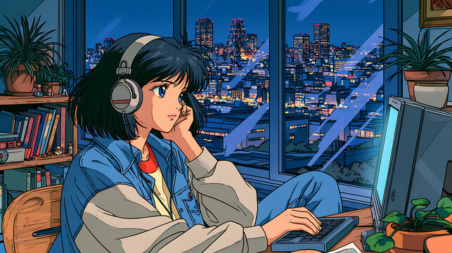 Young Anime Girl Listening to Music with Headphones While Working on Computer at Night with City Skyline View