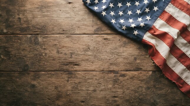 American flag draped on rustic wooden planks with space for text or design