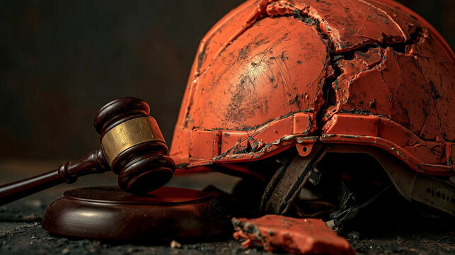 Broken Hard Hat and Gavel: A shattered orange hard hat lies beside a wooden gavel, symbolizing workplace accidents, safety violations, and legal repercussions in a stark, gritty scene.