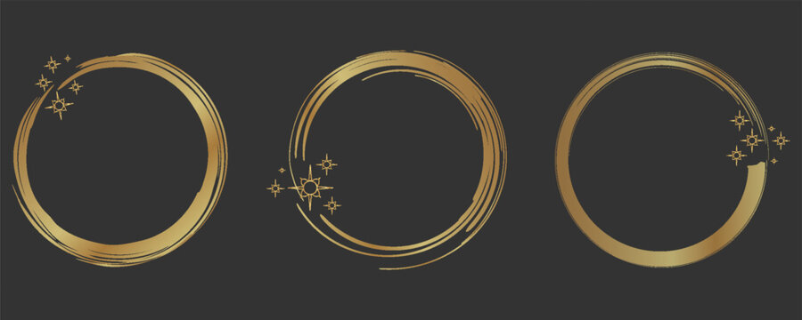Gold frame golden ring set. Hand drawn golden round glitter line circular border with light sparkle. Luxury whimsical wedding jewelry glow flare decoration snowflake star. Vector illustration