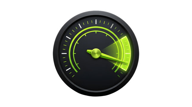 Modern circular speedometer gauge with black background, glowing green needle, illuminated green scale markings, and metallic bezel, indicating high-speed measurement featuring dashboard