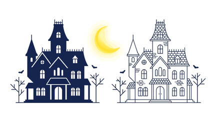 Fototapeta premium Creepy mansion digital asset showing contrasting solid and outlined vector designs with a central moon.