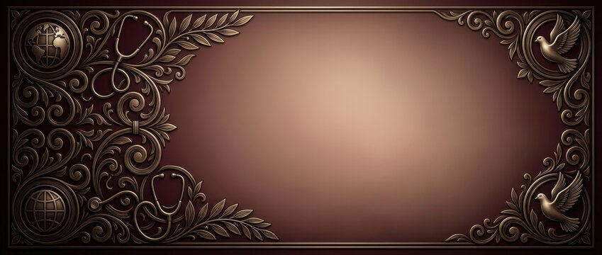 Elegant bronze relief border featuring medical symbols and doves on brown background