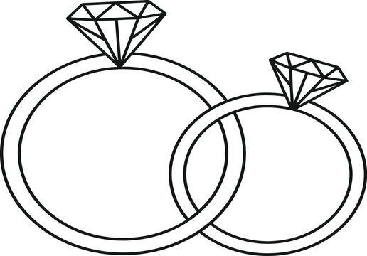 Minimal wedding ring line icon featuring two interlocking engagement bands with shiny luxury diamonds for marriage celebration and romantic anniversary vector