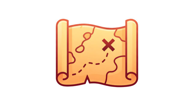 Illustration of an aged, rolled parchment treasure map with a red X mark, dashed path, and brown edges, isolated on a transparent background featuring old map