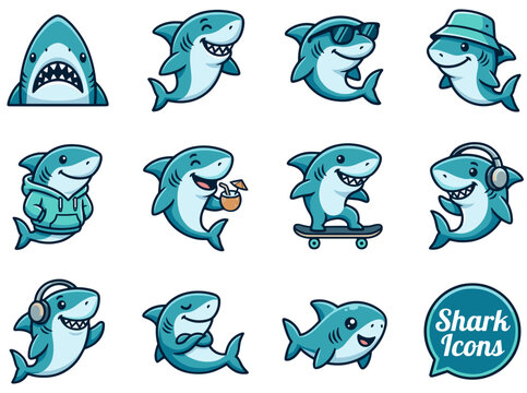 Cute Shark Vector Icons Set &ndash; Cartoon Sharks with Sunglasses, Hoodie, Skateboard, Headphones, Coconut &ndash; Kawaii Ocean on Transparent Background
