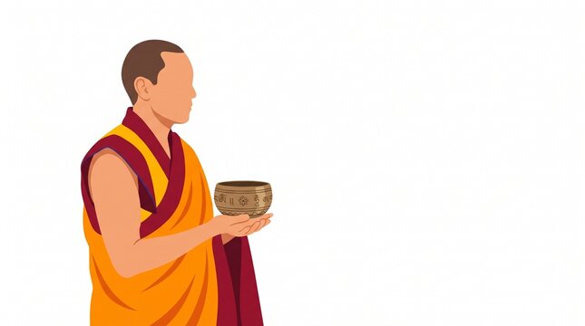 Flat vector illustration of a Buddhist monk in traditional orange and maroon robes holding a Tibetan singing bowl for meditation