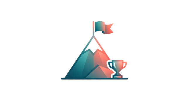 Flat design illustration of a colorful mountain peak with a flag on top and a trophy at the base, isolated on a transparent background featuring achievement, success, goal, victory and cutout