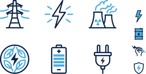 Fototapeta premium Industrial electricity and green energy power icons set with high voltage tower nuclear plant battery plug lightning bolt and bio fuel symbols isolated on white background vector illustration