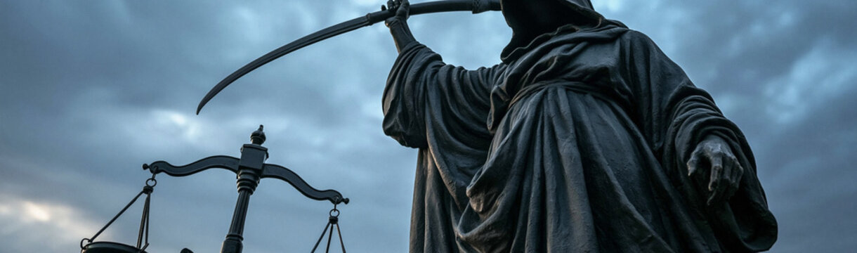 Justice and Mortality: A powerful statue of the Grim Reaper holding a scythe stands beside the scales of justice under a dramatic, cloudy sky.