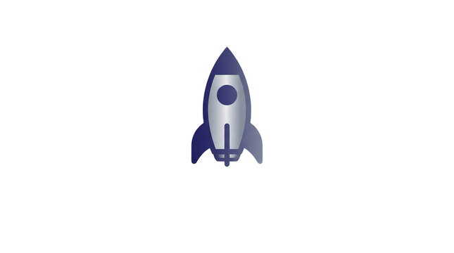 Flat design rocket icon with a metallic gradient, pointed nose, circular window, and side fins, isolated on a transparent background featuring space, cutout, png, no background, graphic and symbol
