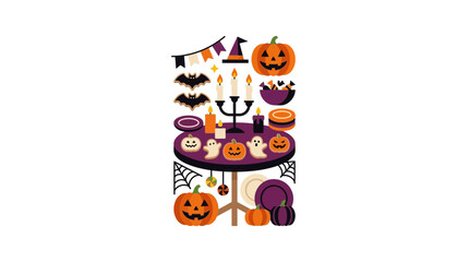 Fototapeta premium Halloween Party Table with Pumpkin Decor and Treats