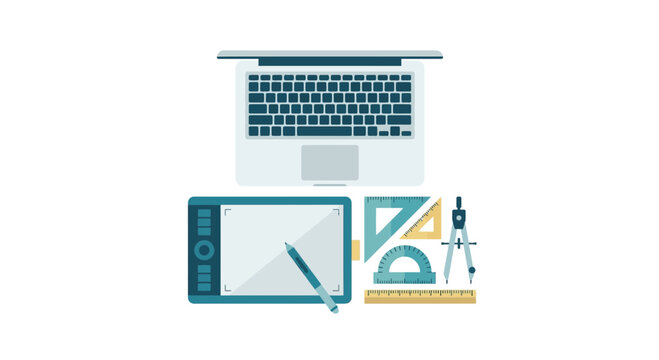 Flat Vector Illustration of Laptop Graphics Tablet and Tools