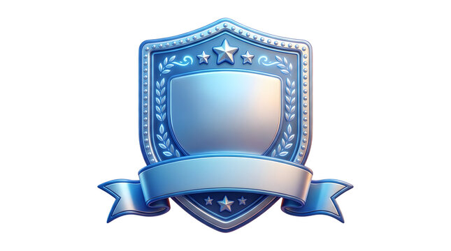 Elaborate metallic blue heraldic shield with embossed laurel wreath, star decorations, and a curved ribbon banner, isolated on a transparent background featuring ornate, stars and decorative