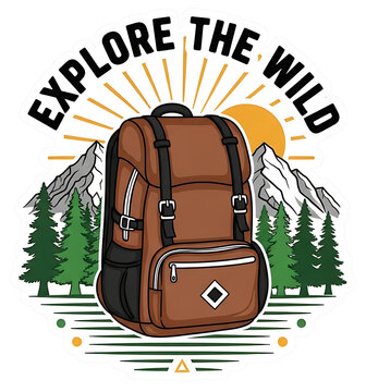 Adventure travel badge with a brown backpack mountains trees and sun design for outdoor hiking enthusiasts