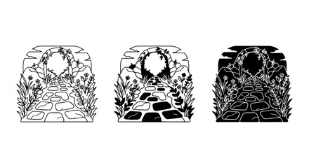 Obraz premium Enchanting Garden Archway Vector Set, Whimsical Floral Pathway Illustrations, Romantic Stone Entrance Graphics