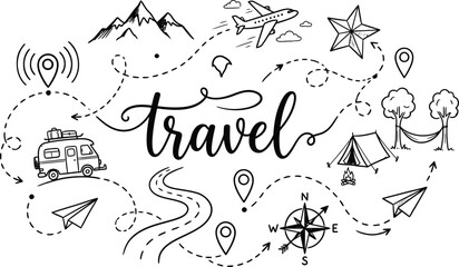 Hand drawn travel doodle concept map featuring cursive lettering route paths camper van airplane tent compass mountains and location pins vector © Jannatun