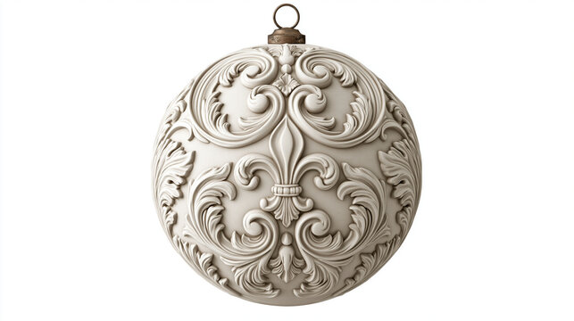 Ornate White Christmas Ornament: A beautifully detailed white Christmas ornament, intricately carved with classical scrollwork and a central fleur-de-lis motif, ready to adorn a festive tree.