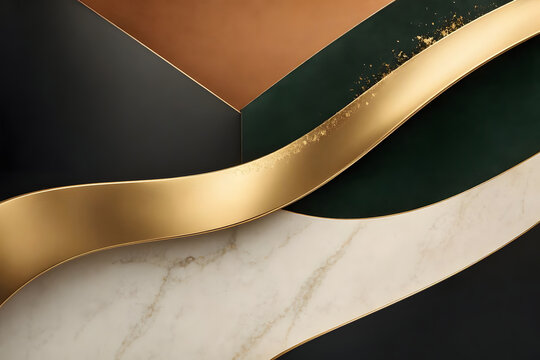Modern Elegant Background Featuring Metallic Gold Ribbon, Emerald Green and White Marble Textures