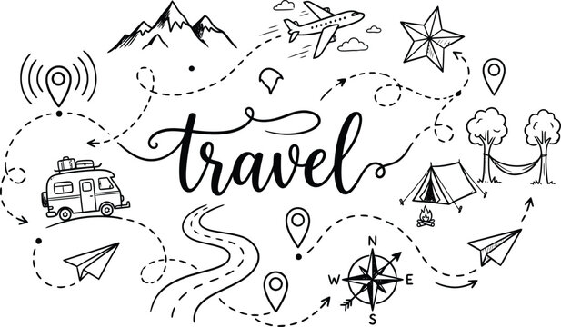 Hand drawn travel doodle concept map featuring cursive lettering route paths camper van airplane tent compass mountains and location pins vector