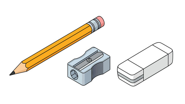 A yellow pencil, a metal pencil sharpener, and a white eraser isolated on a white background.