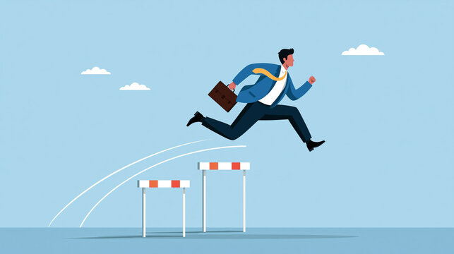 Overcoming Hurdles: A determined businessman leaps over hurdles, briefcase in hand, symbolizing the relentless pursuit of success and the overcoming of obstacles in his professional journey.