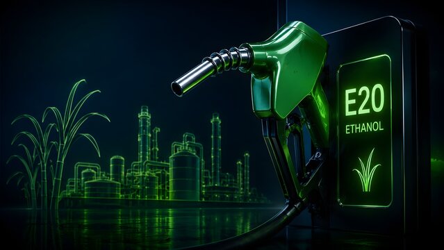 Futuristic glowing green E20 ethanol fuel pump nozzle with neon wireframe refinery and sugarcane background representing biofuel technology