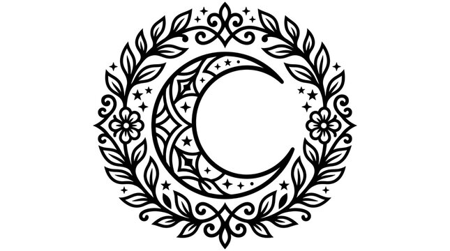 Celestial crescent moon mandala, mystical floral wreath line art, bohemian moon phase emblem for tattoo or logo design