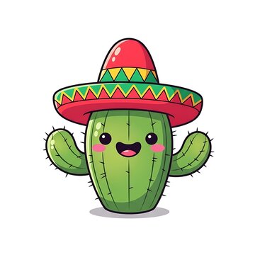 A cute cartoon cactus wearing a colorful mexican sombrero hat and smiling