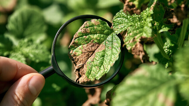 Examining Plant Disease: A close-up view through a magnifying glass reveals a diseased leaf with brown spots and wilting, indicating an issue in the plant's health, surrounded by green foliage.