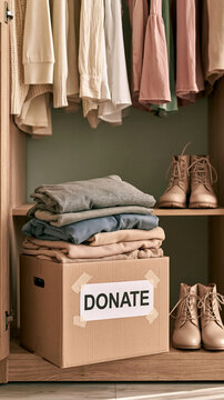 Closet Cleanout for Donation: A neatly organized closet with clothing items hung and folded, featuring a cardboard box labeled DONATE filled with clothes and a pair of boots on the shelf.