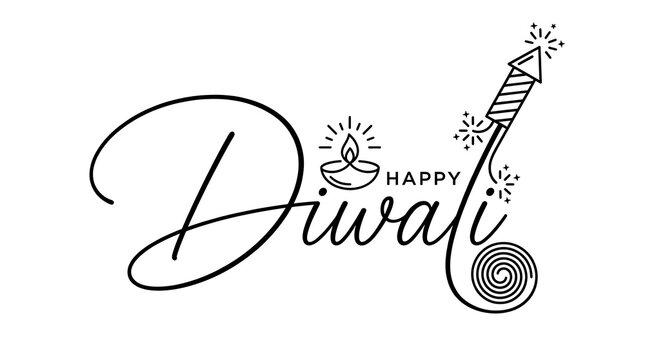 Happy Diwali line art typography with cracker rocket diya and chakri