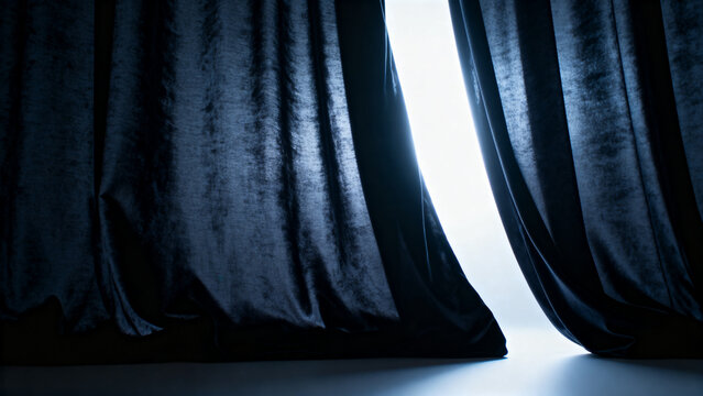 Dark blue velvet stage curtains opening to reveal bright light and theater performance space.
