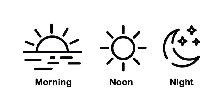 day and night icon collection, morning sunrise noon sun sunset and nighttime moon stars symbols for time concepts vector design