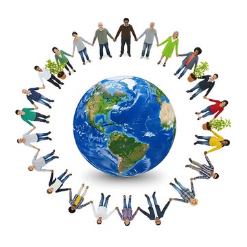 Global unity and diversity of people holding hands around the earth