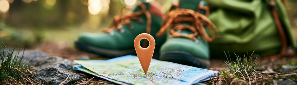 A close-up of hiking boots resting on a map with a location pin, set outdoors with blurred natural background.