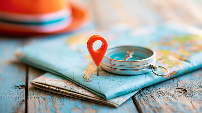 A red location pin and a compass rest on a folded map atop a wooden surface, symbolizing navigation and travel planning.