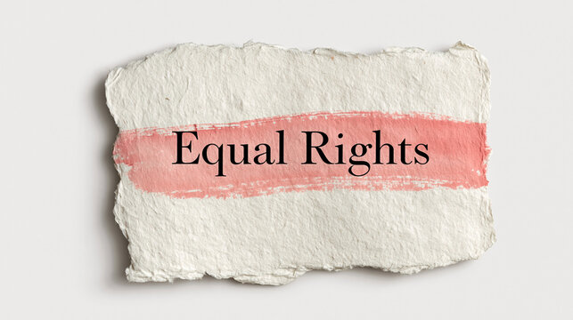 Equal Rights on Textured Paper: The words Equal Rights are painted in black script across a pale pink watercolor wash on a piece of rough, handmade paper, symbolizing a fundamental human principle.