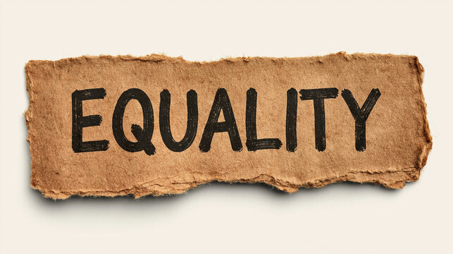 Equality on Torn Paper: The word EQUALITY is boldly inscribed on a piece of torn, rustic brown paper, conveying a message of fairness and inclusion.