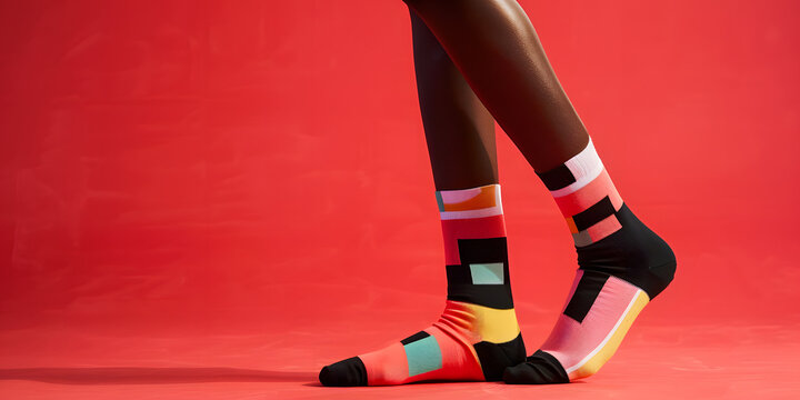 Colorful geometric patterned socks adorn dark skinned legs against a red backdrop.