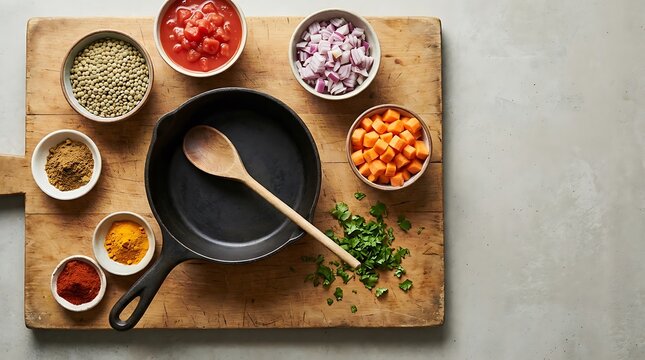 Fresh ingredients for budget meal recipes displayed on a rustic wooden cutting board with a cast iron skillet