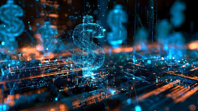 Digital Dollar Symbols in Futuristic Financial Data Network, Global Fintech Technology, Electronic Currency, Online Banking, Investment Market, Blockchain and Digital Economy Concept