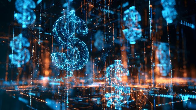 Digital Dollar Symbols in Futuristic Financial Data Network, Global Fintech Technology, Electronic Currency, Online Banking, Investment Market, Blockchain and Digital Economy Concept