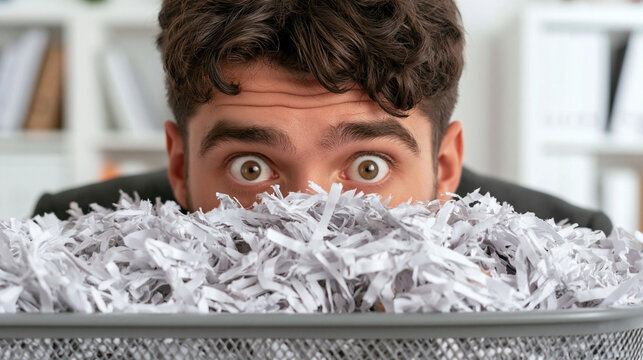 Overwhelmed by Paperwork: A man peeks with wide, startled eyes over a overflowing bin of shredded paper, embodying the stress and chaos of office life.
