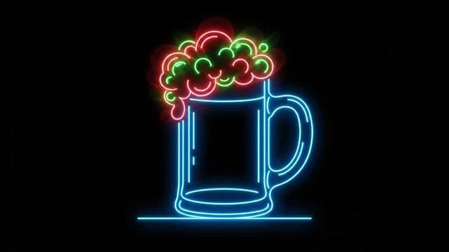 Neon Beer Mug Animation with Glowing Frothy Foam and Dark Background
