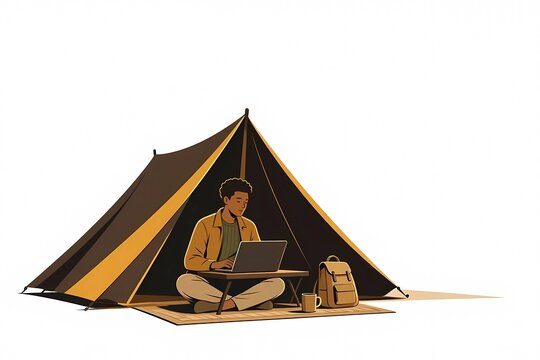 Man working on laptop inside camping tent remote work digital nomad concept illustration