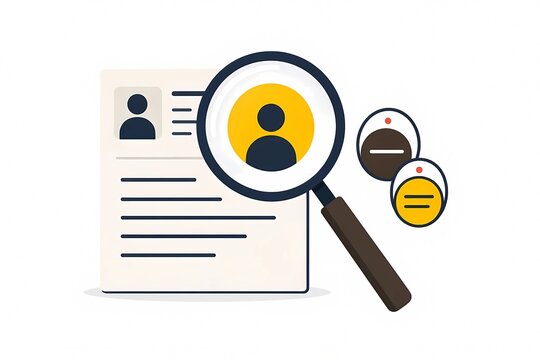 Curriculum vitae resume review icon with magnifying glass highlighting candidate profile vector